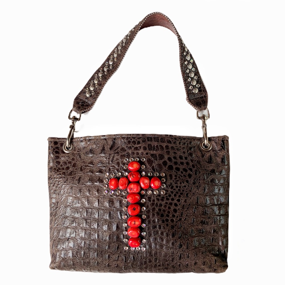 KurtMen Design brown Leather Croc Faith Cross Bag